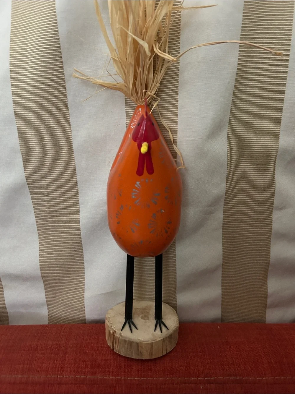 Hand-Painted Orange Wooden Rooster Accent with Raffia Tail